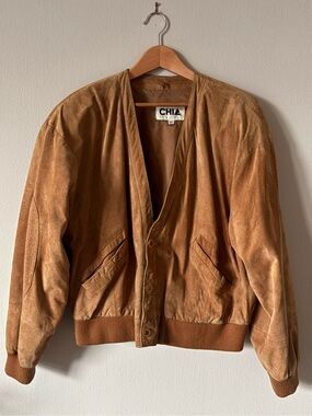 Vintage CHIA Tan Suede Leather V-Neck Bomber Jacket - Size L - Made in Korea